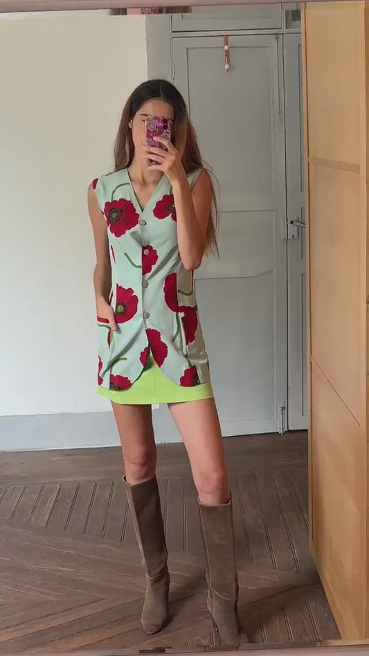 Vintage poppy flower mini dress, Button down tunic, Retro summer gilet, Sleeveless flower print waistcoat, S