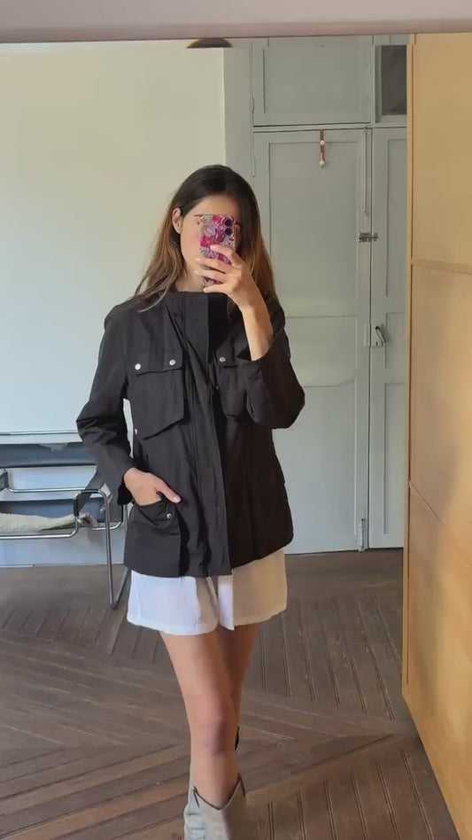 Vintage United Colors of Benetton coat, Black utility jacket, Size 48, Streetwear minimalist clothing piece