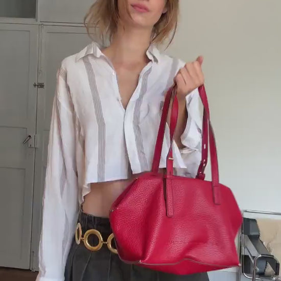 Red Shoulder Bag – Bold Designer Tote, Textured Finish, Adolfo Dominguez Red faux Leather Shoulder Bag – Bold Designer Tote, Bargain deal