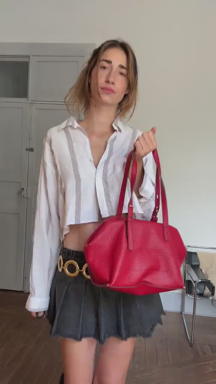 Red Shoulder Bag – Bold Designer Tote, Textured Finish, Adolfo Dominguez Red faux Leather Shoulder Bag – Bold Designer Tote, Bargain deal