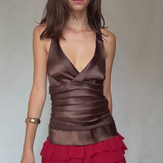 Adolfo Dominguez luxury brown satin camisole, deep V neckline top, size 38