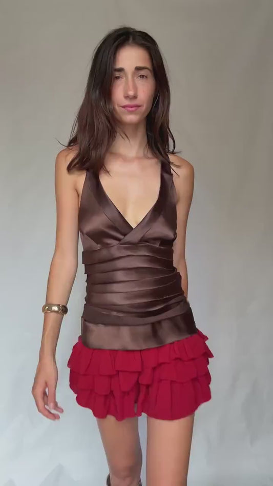 Adolfo Dominguez luxury brown satin camisole, deep V neckline top, size 38