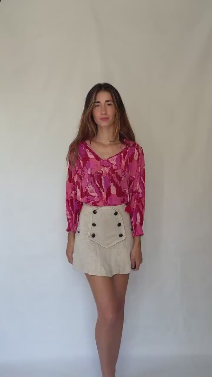 Pink Metallic Boho Blouse | Vibrant Summer Festival Top | Y2K Inspired Sparkle Shirt,