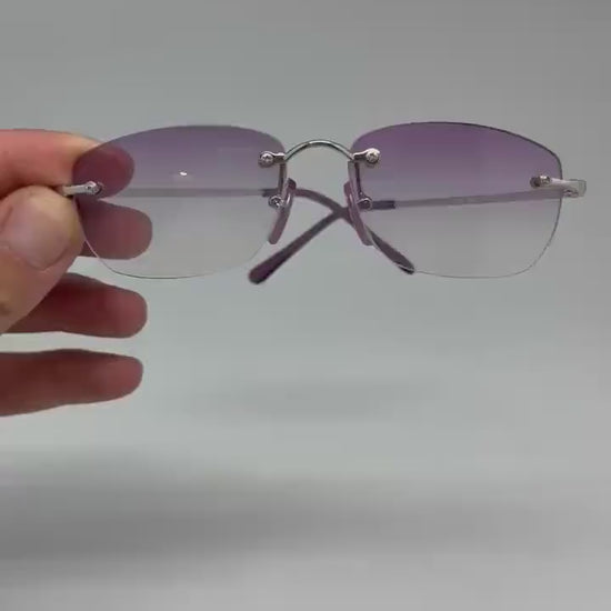 Retro Y2K rimless sunglasses, rectangular purple sunnies
