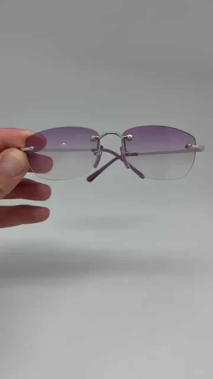 Retro Y2K rimless sunglasses, rectangular purple sunnies