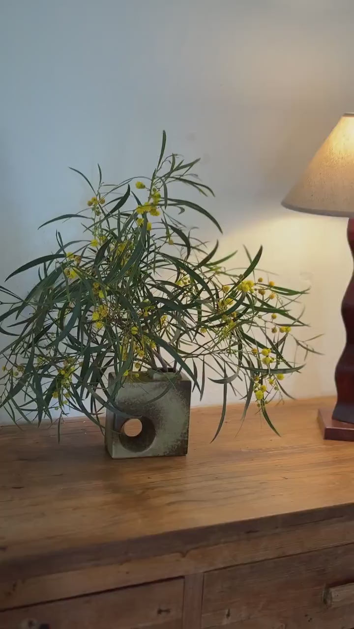 Vintage Vase with Hole – Sculptural Ceramic Cube Design in Earthy Glaze