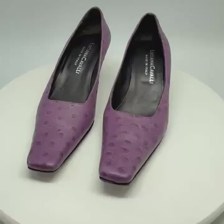 Luciana Cavalli purple leather heels, Y2K vintage style, square toe, US 8