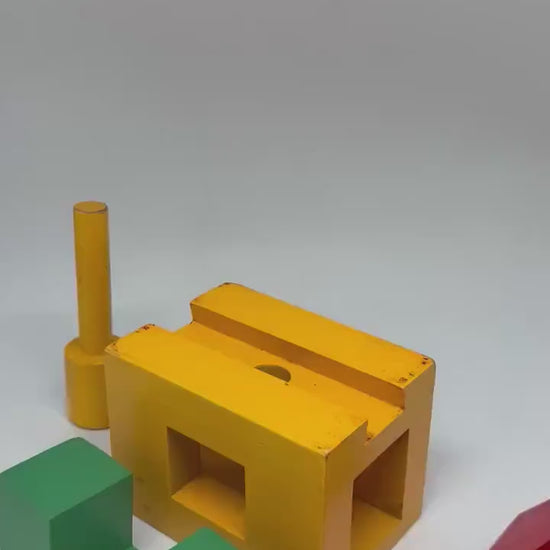 Vintage wooden house puzzle, wooden toy, yellow base red roof, geometric designretro 90s, child fun