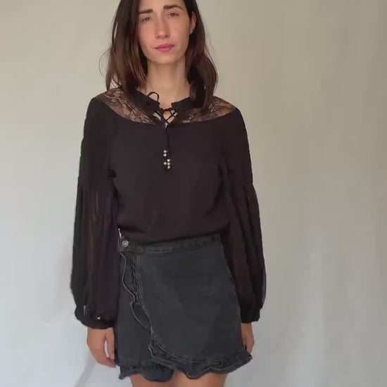 Elegant Black Sheer Blouse with Lace Details for a Gothic Romantic Style – Perfect for Indie Sleaze and Dark Academic Aesthetic