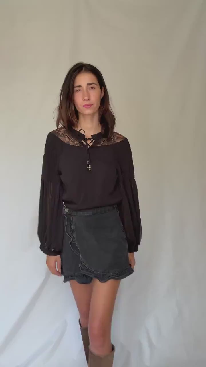 Elegant Black Sheer Blouse with Lace Details for a Gothic Romantic Style – Perfect for Indie Sleaze and Dark Academic Aesthetic