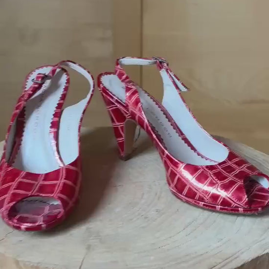 Vintage Sacha London Red Patent Heels, Peep Toe Snake Leather Shoes, Y2K Glam Made In Spain EU 37 Retro Chic