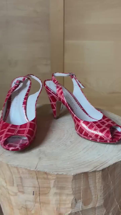 Vintage Sacha London Red Patent Heels, Peep Toe Snake Leather Shoes, Y2K Glam Made In Spain EU 37 Retro Chic