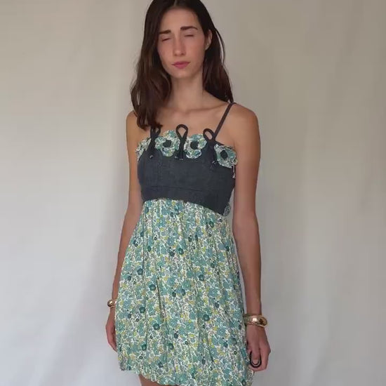 Rinascimento Italy floral cotton mini dress – denim bodice & blue green print skirt,  fits S-M