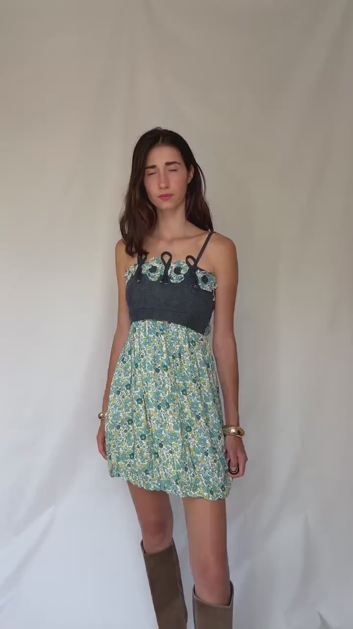Rinascimento Italy floral cotton mini dress – denim bodice & blue green print skirt,  fits S-M