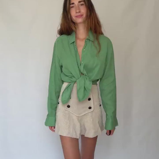 apple Green Massimo Dutti 100% linen shirt - Size EUR L – versatile unisex button-up in fresh trendy green, tie-front or classic fit