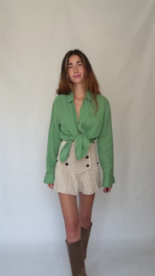 apple Green Massimo Dutti 100% linen shirt - Size EUR L – versatile unisex button-up in fresh trendy green, tie-front or classic fit