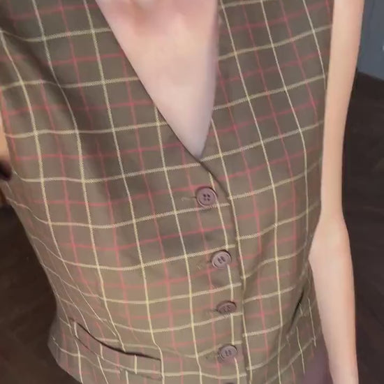 Green waistcoat with checkered print, dark academia & countryside chic vest, Sleeveless girl boss outfit, Size XS - S