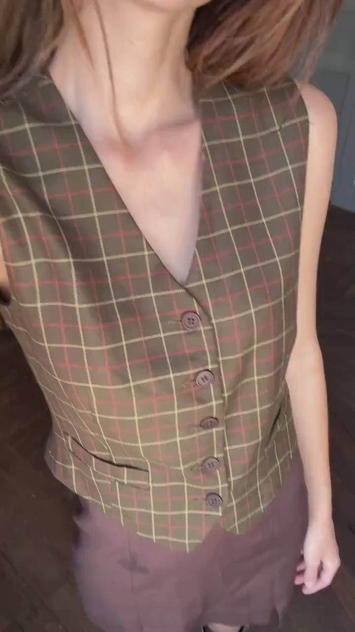 Green waistcoat with checkered print, dark academia & countryside chic vest, Sleeveless girl boss outfit, Size XS - S