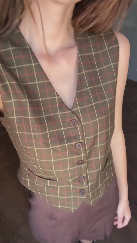 Green waistcoat with checkered print, dark academia & countryside chic vest, Sleeveless girl boss outfit, Size XS - S