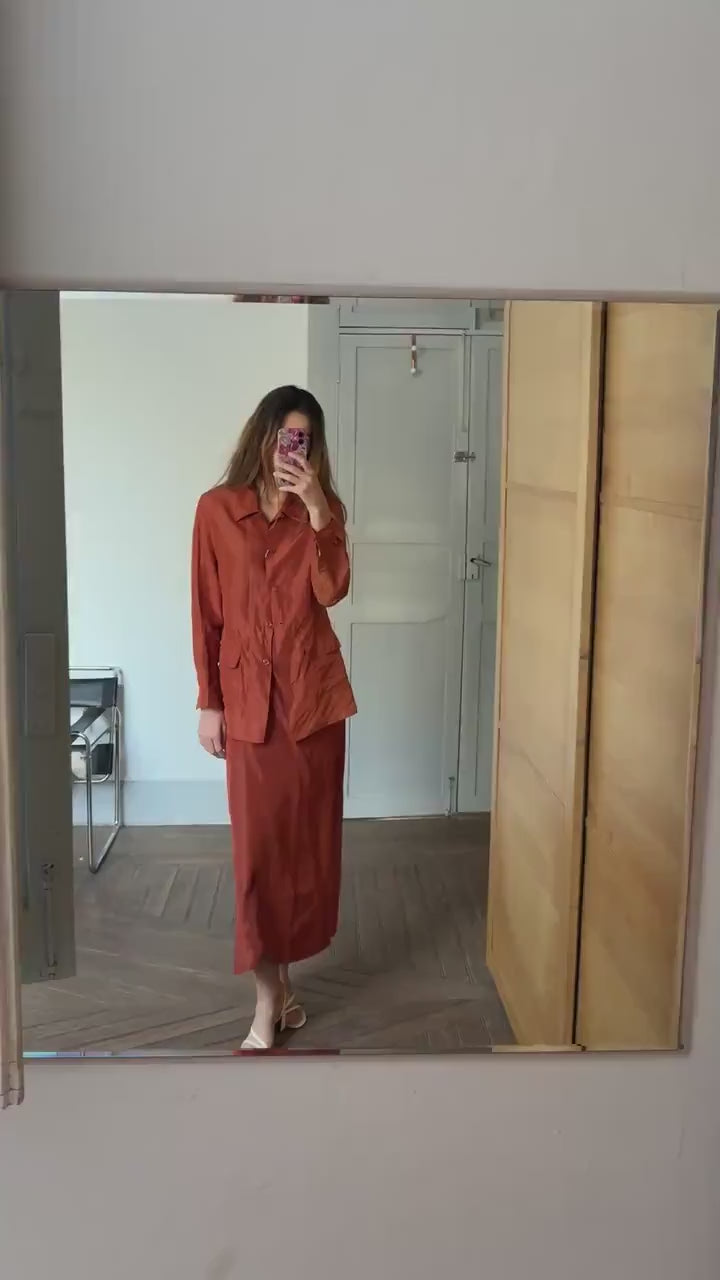 Vintage Penny Black Burnt Orange Silk Linen Two-Piece Set, Wedding Guest Outfit,