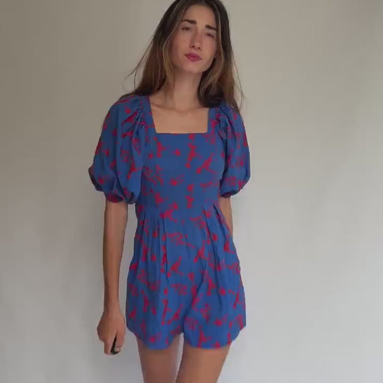 Blue Puff Sleeve Floral Jumpsuit • Backless ASOS Romper • Y2K Picnic Girl Summer Fit, Size S