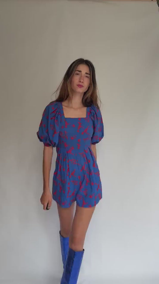 Blue Puff Sleeve Floral Jumpsuit • Backless ASOS Romper • Y2K Picnic Girl Summer Fit, Size S