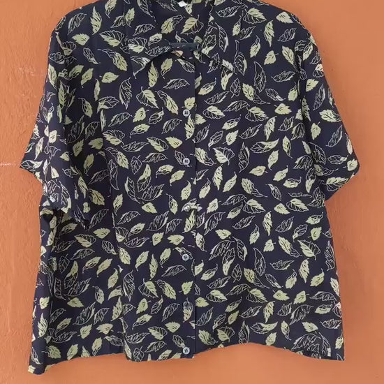 Vintage black patterned woman blouse, Collared retro shirt, Playful lightweight summer blouse, Retro 70s shirt