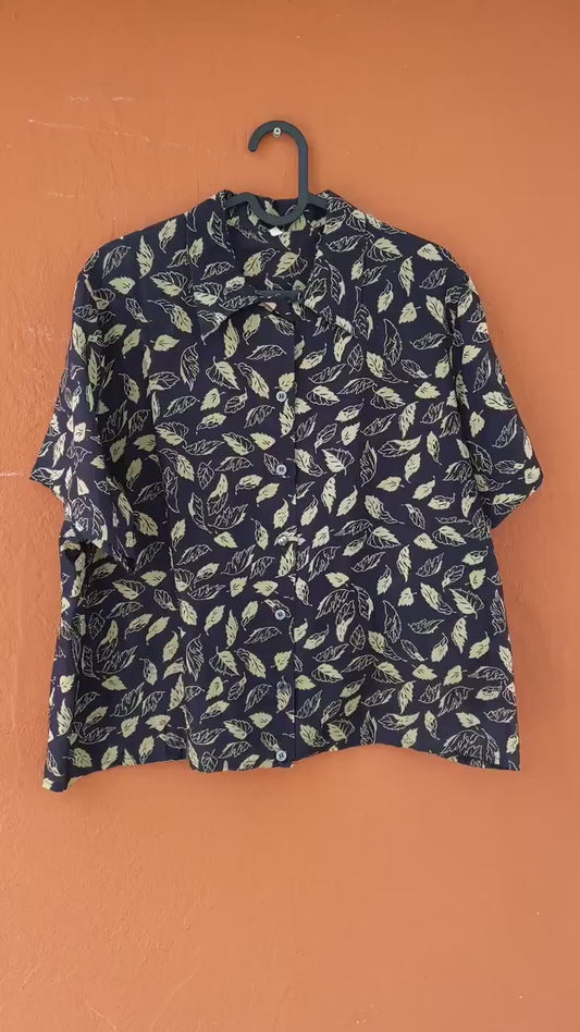 Vintage black patterned woman blouse, Collared retro shirt, Playful lightweight summer blouse, Retro 70s shirt