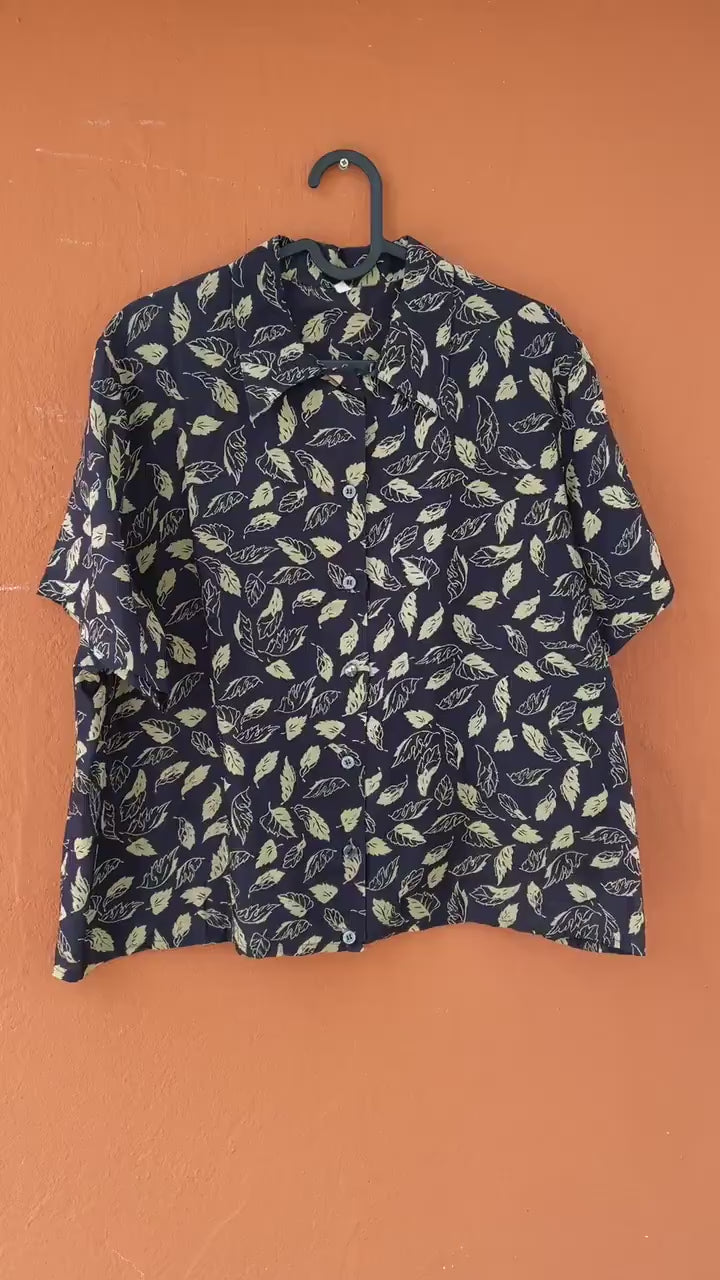 Vintage black patterned woman blouse, Collared retro shirt, Playful lightweight summer blouse, Retro 70s shirt