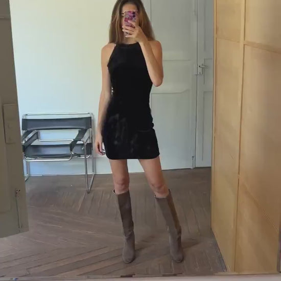 Vintage black velvet dress made in England, Elegant velour festive sequin embroidered dress, Basic hourglass dress,