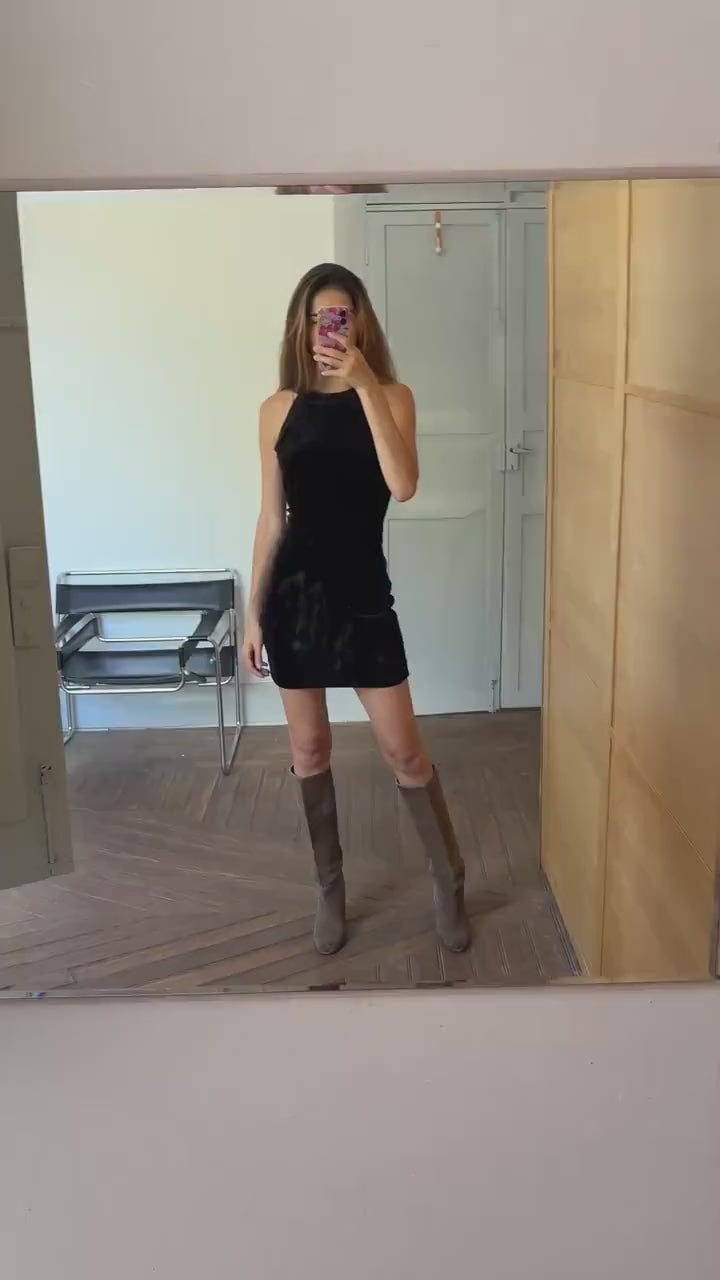 Vintage black velvet dress made in England, Elegant velour festive sequin embroidered dress, Basic hourglass dress,