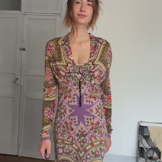 Vintage Etro Milano Designer Dress – Bold Bohemian Print, Made in Italy, Soft Stretch Fabric, Long Sleeve Luxury Piece, Size 46