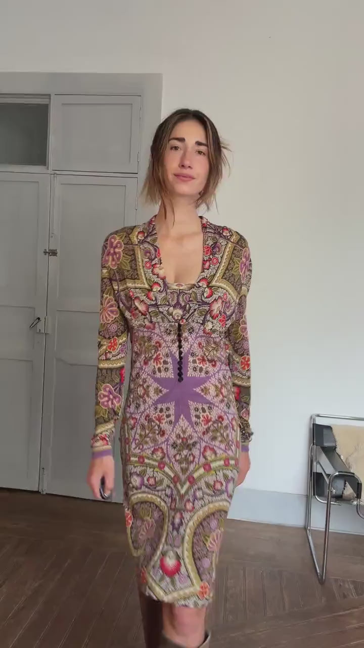 Vintage Etro Milano Designer Dress – Bold Bohemian Print, Made in Italy, Soft Stretch Fabric, Long Sleeve Luxury Piece, Size 46