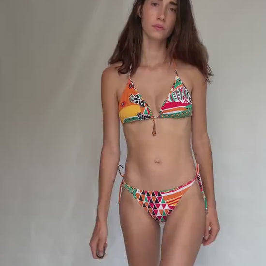 Vintage blue and orange bikini festival top, bohemian chic, US S, summer beach vibe