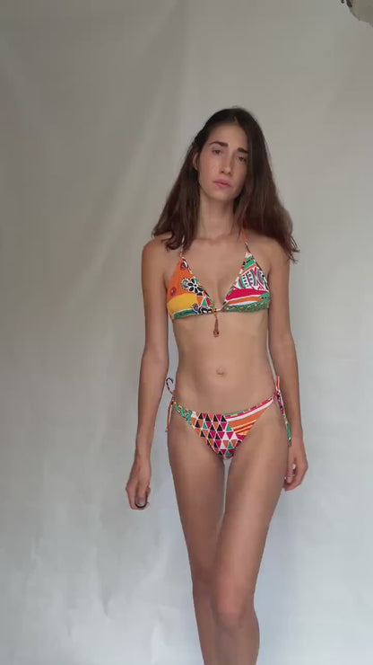 Vintage blue and orange bikini festival top, bohemian chic, US S, summer beach vibe