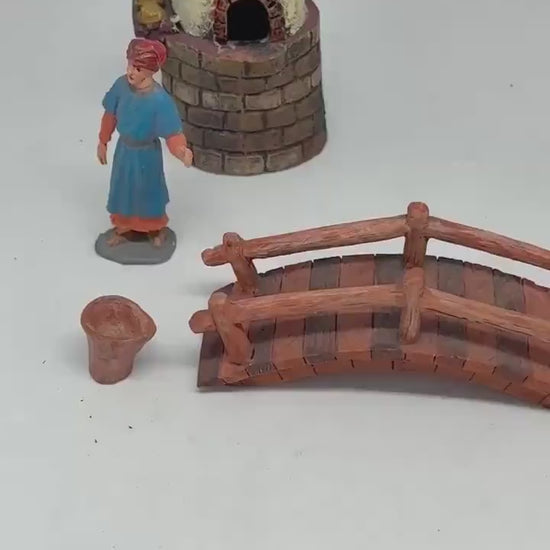 Traditional painted figurines set, nativity set, composity material, includes kiln and bridge, vintage rural aesthetic, festive decor