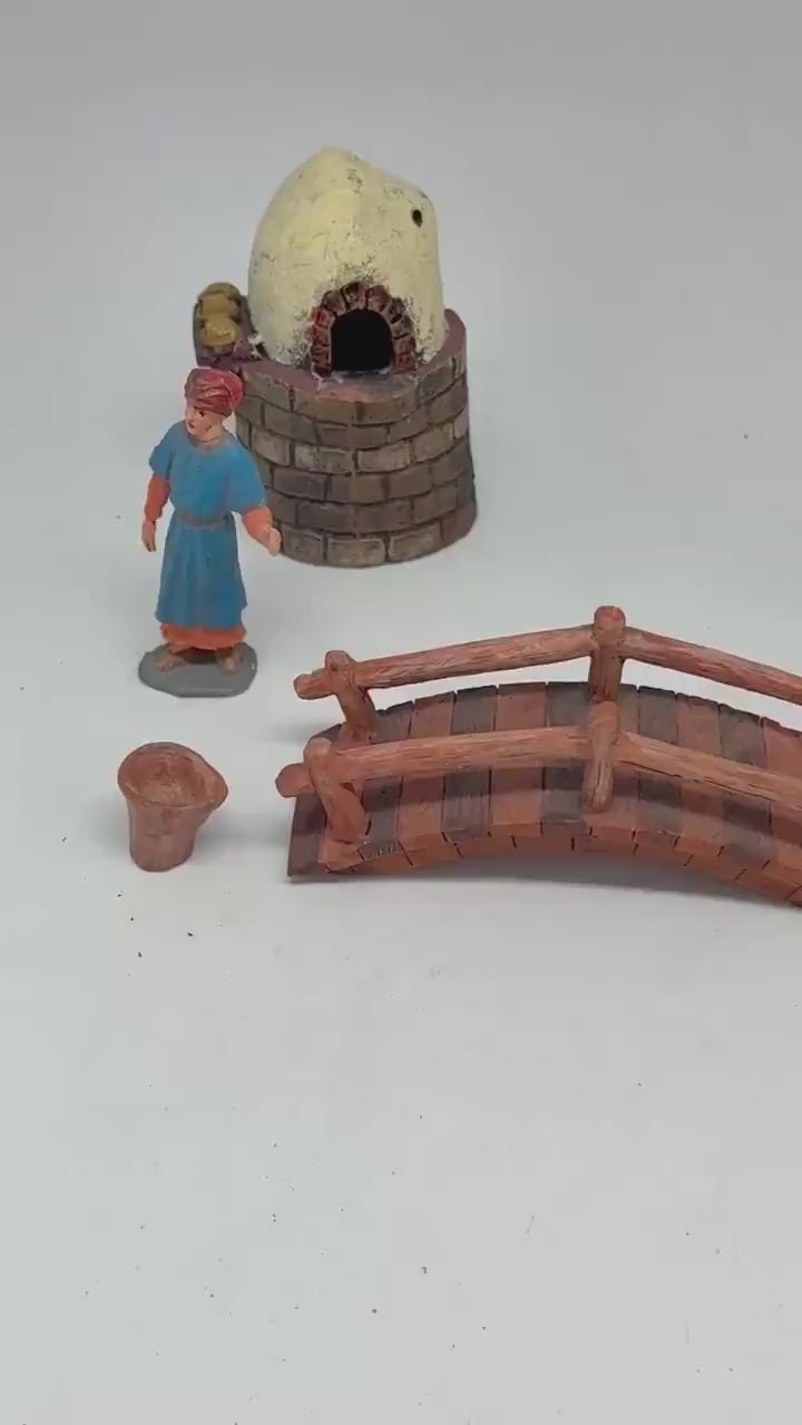 Traditional painted figurines set, nativity set, composity material, includes kiln and bridge, vintage rural aesthetic, festive decor