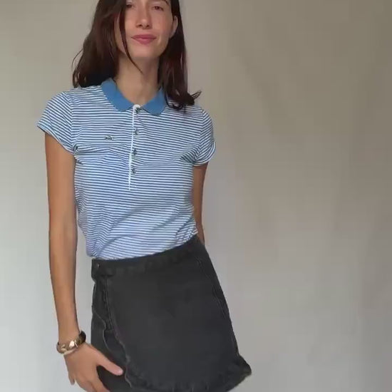 Retro 90s Blue Striped Lacoste Polo Shirt - US Size L - Casual Streetwear Style, Perfect for Vintage Aesthetic Enthusiasts
