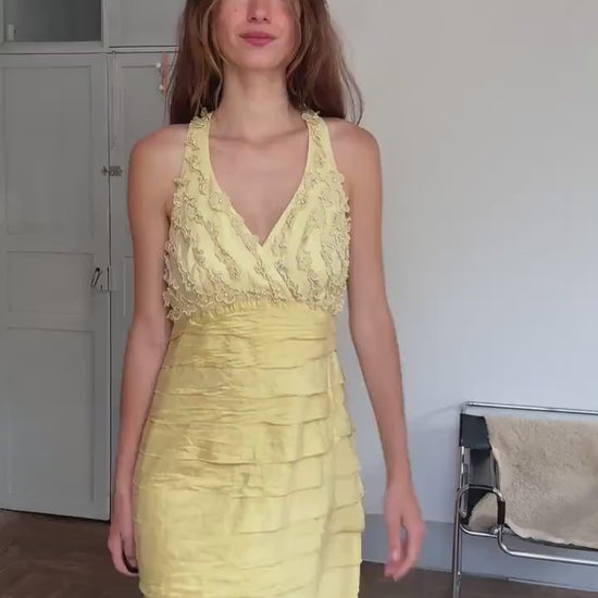 Vintage Luisa Spagnoli silk cocktail dress – lemon yellow embroidered floral bodice, EU 44, elegant party dress, Italian designer