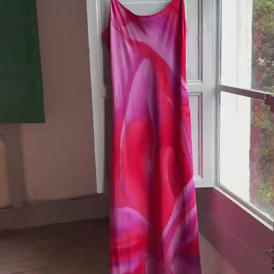 Vintage Olivier Strelli Maxi Dress, Abstract Red Pink Print, Linen - Viscose Slip Dress, 90s Designer Dress