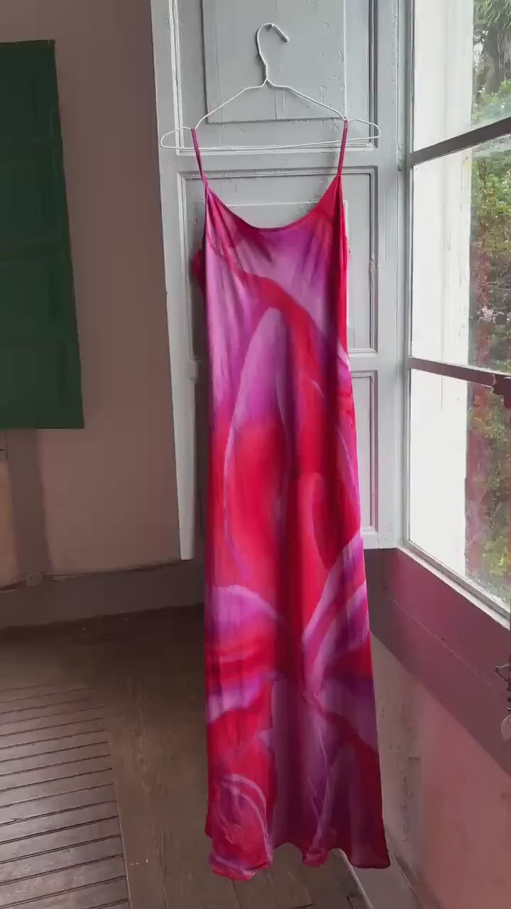 Vintage Olivier Strelli Maxi Dress, Abstract Red Pink Print, Linen - Viscose Slip Dress, 90s Designer Dress