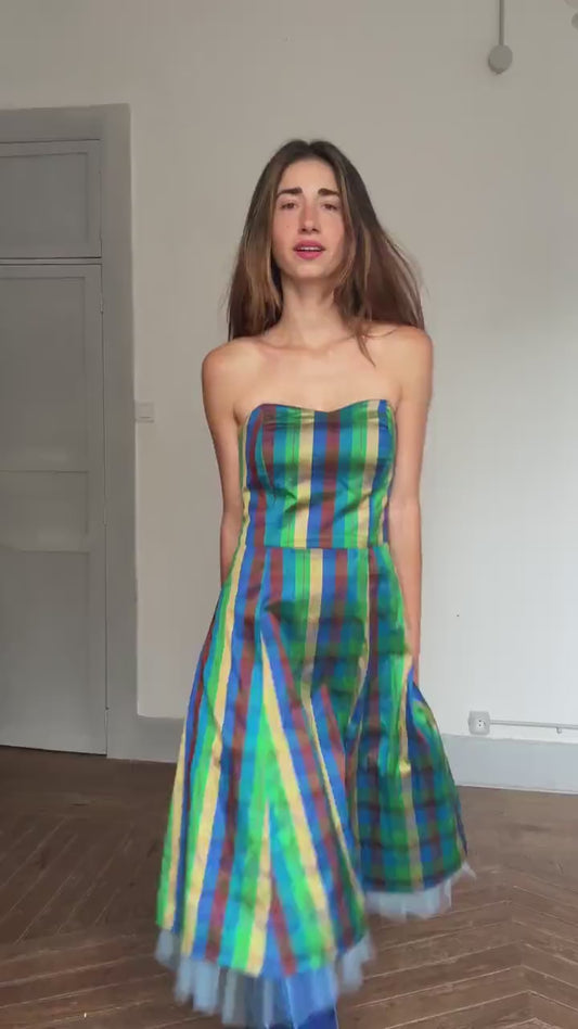 Vibrant handmade multicolor strapless dress,  fitted silhouette, festival vibe, US S, party attire