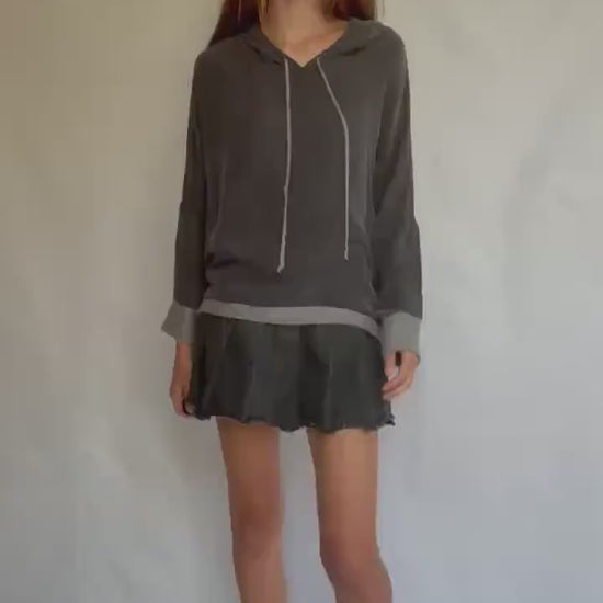 Southern Cotton hoodie XL – charcoal color feels silk blend pullover with wool trim – relaxed oversized fit – soft hooded sweater