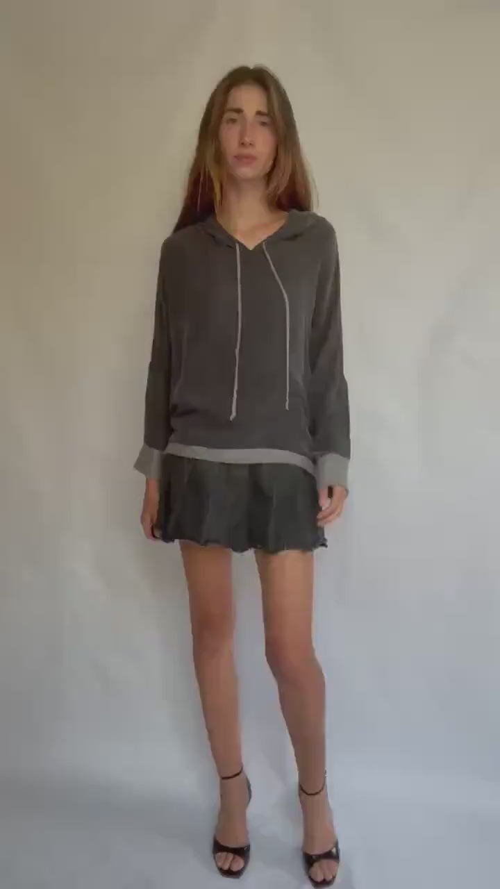 Southern Cotton hoodie XL – charcoal color feels silk blend pullover with wool trim – relaxed oversized fit – soft hooded sweater