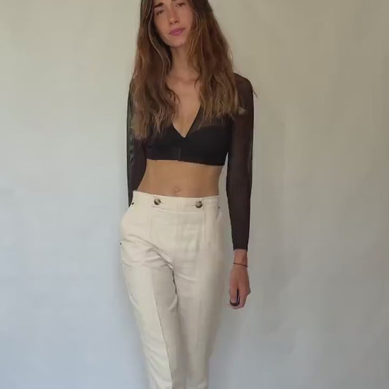 High Waist Linen Blend Trousers | Purificación García Vintage | Cream Cotton Linen Pants | Old Money Aesthetic