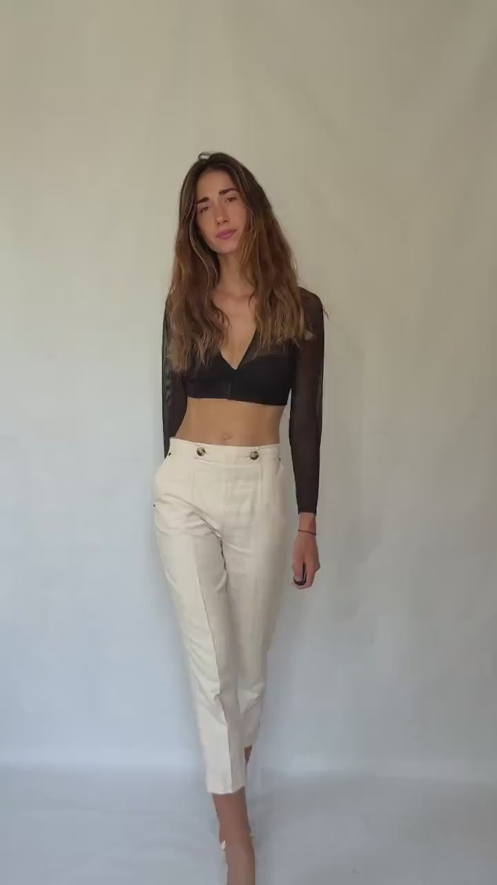 High Waist Linen Blend Trousers | Purificación García Vintage | Cream Cotton Linen Pants | Old Money Aesthetic