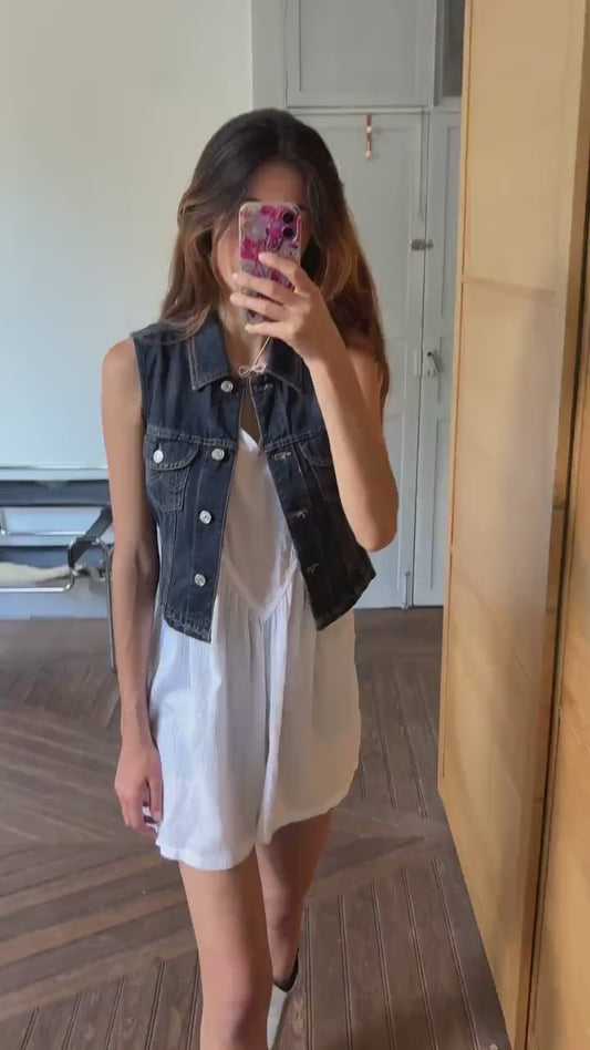 Vintage United Colors of Benetton denim sleeveless jacket, Retro cotton Y2K style fitted vest, Size XS