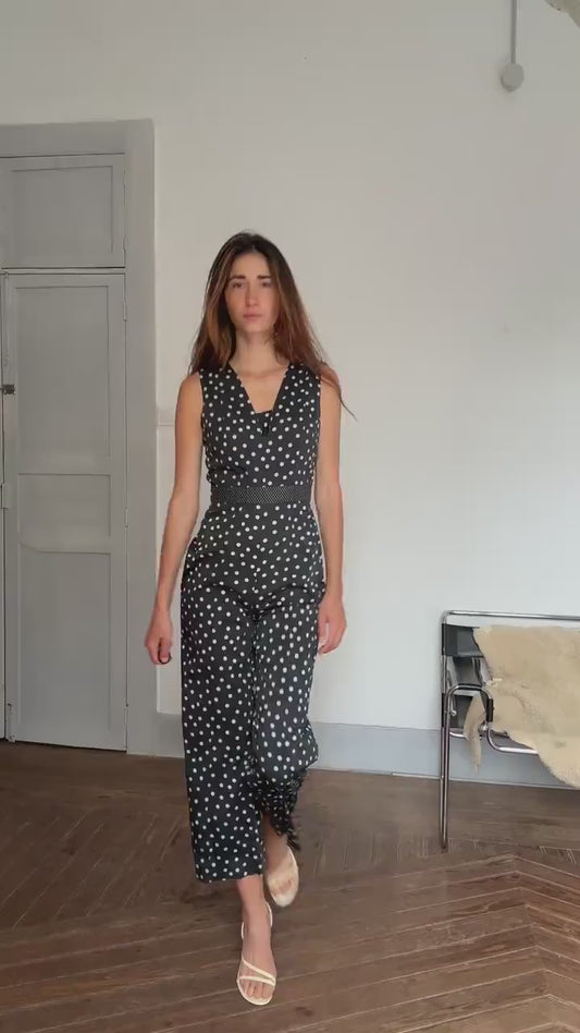 Vintage polka dot jumpsuit – blue dot wide leg one piece, elegant 2000s retro cut, great for petites, summer chic, Size M