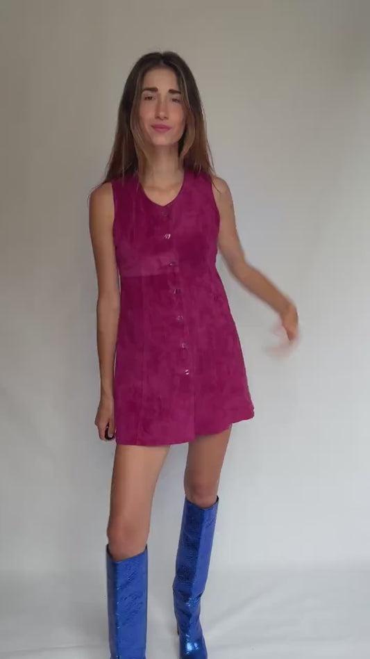 70s genuine leather mini dress, Vintage Magenta Suede Real Leather 90s Sleeveless Button Front Shift, Size S, Festival Retro look