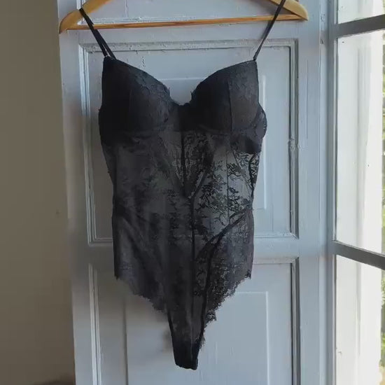 Vintage black lace bodysuit, structured cups, Cup size 80B, S, romantic edgy sheer lingerie